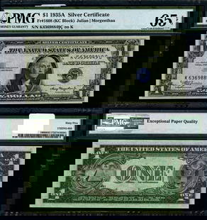 1935-A $1 Silver Certificate K-C Block PMG CU65 EPQ Gem: 1935-A $1 Silver Certificate K-C Block PMG CU65 EPQ Gem This 1935-A $1 Silver Certificate is a remarkable piece of currency. Graded as CU65 EPQ by PMG, this uncirculated note showcases exceptional qua