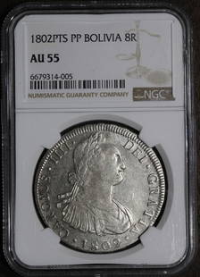 1802 Bolivia 8 Real Silver Coin NGC AU55 Potosi Mint: 1802 Bolivia 8 Real Silver Coin NGC AU55 Potosi Mint This 1802 Bolivia 8 Real coin is a captivating piece of history from the Potosi Mint, featuring a silver composition with a fineness of 0.9. It has