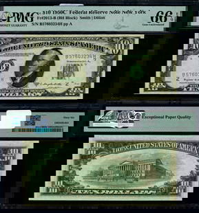 1950-C $10 Federal Reserve Note New York B-H Block PMG CU66 EPQ: 1950-C $10 Federal Reserve Note New York B-H Block PMG CU66 EPQ This is a 1950-C Federal Reserve Note, denomination $10, graded as CU66 EPQ Gem by PMG. It is classified as uncirculated and features th