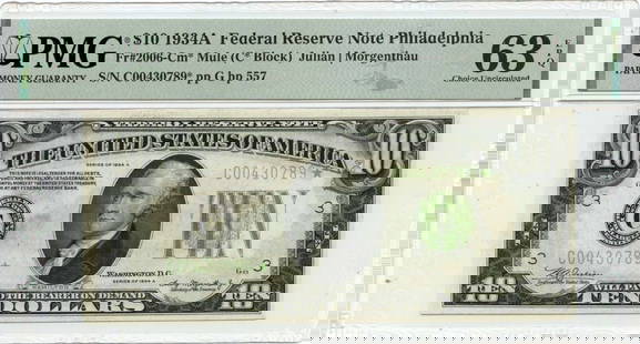 1934A $10 Federal Reserve Note Philadelphia Fr# 2006-Cm PMG MS63 Uncirculated: 1934A $10 Federal Reserve Note Philadelphia Fr# 2006-Cm PMG MS63 Uncirculated This 1934A $10 Federal Reserve Note from Philadelphia (Fr# 2006-Cm) is an uncirculated piece certified by PMG with a grade