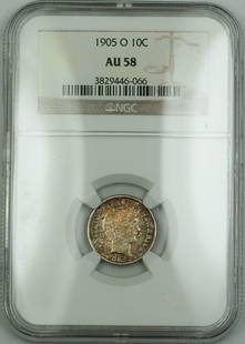 1905-O Barber Silver Dime NGC AU 58 Toned Coin: 1905-O Barber Silver Dime NGC AU 58 Toned Coin This 1905-O Barber Silver Dime is a stunning example of early 20th-century minting, certified by NGC with a grade of AU 58. It features beautiful toning