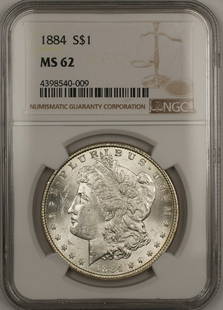 1884 Morgan Silver Dollar NGC MS 62 Uncirculated Philadelphia Silver Coin: 1884 Morgan Silver Dollar NGC MS 62 Uncirculated Philadelphia Silver Coin This 1884 Morgan Silver Dollar is a remarkable example of American numismatic history. Graded MS 62 by NGC, this uncirculated