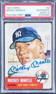 Mickey Mantle Signed 1953 Topps #82 Card Gem Mint 10 PSA/DNA: Mickey Mantle Signed 1953 Topps #82 Card Gem Mint 10 PSA/DNA This is a signed 1953 Topps #82 card featuring Mickey Mantle of the New York Yankees, graded Gem Mint 10 by PSA. The card has been personal