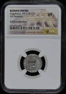 Elagabalus AD 218-222 Ancient Roman AR Denarius NGC VF20: Elagabalus AD 218-222 Ancient Roman AR Denarius NGC VF20 This Ancient Roman Denarius features the likeness of Emperor Elagabalus, minted between AD 218-222. Certified by NGC with a grade of VF20, this