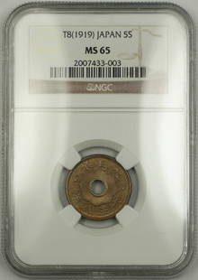 1919 Japan 5 Sen Coin NGC Certified MS 65 Copper-Nickel: 1919 Japan 5 Sen Coin NGC Certified MS 65 Copper-Nickel This 1919 Japan 5 Sen coin features a composition of copper-nickel and is certified by NGC with a grade of MS 65. The coin is in pre-owned condi