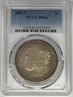 1881-S Morgan Silver Dollar MS 66 PCGS Uncirculated Coin: 1881-S Morgan Silver Dollar MS 66 PCGS Uncirculated Coin This 1881-S Morgan Silver Dollar is a stunning piece, graded MS 66 by PCGS, ensuring its exceptional quality and preservation. Struck in silver