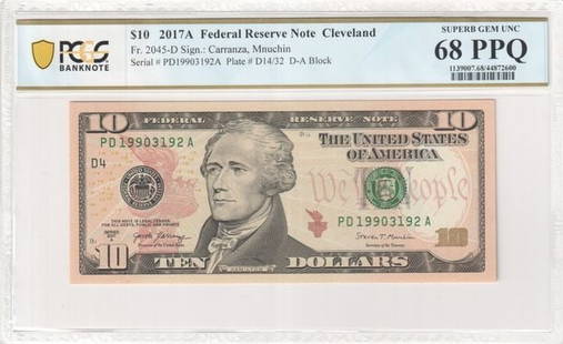 2017A $10 Cleveland Federal Reserve Note PCGS Superb Gem 68 PPQ: 2017A $10 Cleveland Federal Reserve Note PCGS Superb Gem 68 PPQ This 2017A $10 Federal Reserve Note from Cleveland is graded as a Superb Gem 68 by PCGS, ensuring its exceptional quality. The note is u