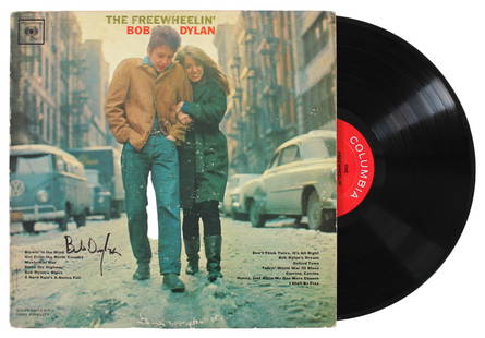 Bob Dylan Autographed The Freewheelin' Album Cover Vinyl JSA Certified: Bob Dylan Autographed The Freewheelin' Album Cover Vinyl JSA Certified This is an original autographed album cover of "The Freewheelin' Bob Dylan," personally signed by the legendary musician Bob Dyla