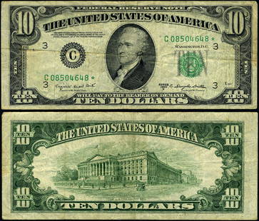 1950-C $10 Federal Reserve Star Note C-* Philadelphia VF: 1950-C $10 Federal Reserve Star Note C-* Philadelphia VF This $10 1950-C Federal Reserve Note from the Philadelphia district is a collectible piece of currency. It is categorized as a star note, ident