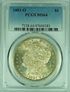 1881-O Morgan Silver Dollar PCGS MS 64 Uncirculated Silver Coin: 1881-O Morgan Silver Dollar PCGS MS 64 Uncirculated Silver Coin This 1881-O Morgan Silver Dollar features a stunning design and a high grade of MS 64, certified by PCGS. The coin is uncirculated, show