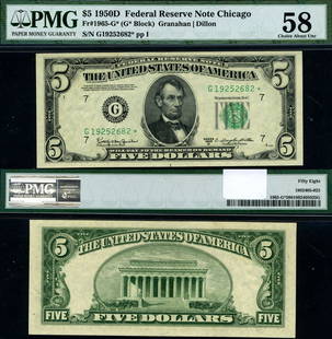 1950-D $5 Federal Reserve Note Chicago PMG AU58 Choice: 1950-D $5 Federal Reserve Note Chicago PMG AU58 Choice This is a 1950-D $5 Federal Reserve Note from Chicago, graded AU58 Choice by PMG. The note is circulated, showcasing its historical character whi
