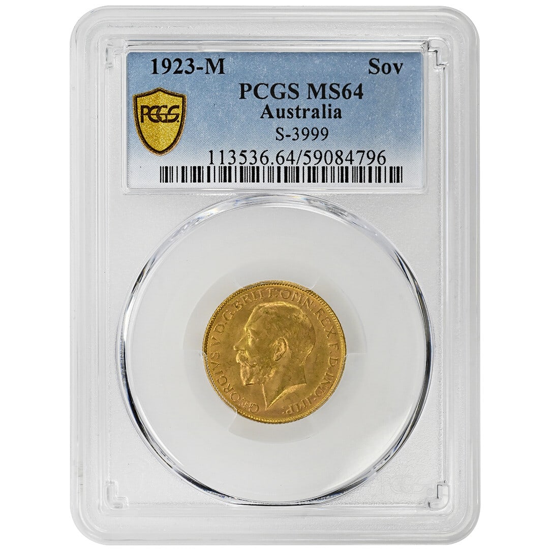 1923-M Sovereign Gold Coin George V PCGS MS64 Rare Australia: 1923-M Sovereign Gold Coin George V PCGS MS64 Rare Australia This 1923-M Sovereign coin from Australia features the profile of King George V and is graded MS 64 by PCGS, indicating it is in uncirculat