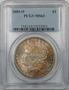 1885-O Morgan Silver Dollar PCGS MS 63 Toned Uncirculated Coin: 1885-O Morgan Silver Dollar PCGS MS 63 Toned Uncirculated Coin This stunning 1885-O Morgan Silver Dollar is a beautifully toned example, certified by PCGS with a grade of MS 63. Minted in New Orleans,