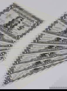Lot of 10 Uncirculated 1957-B $1 Silver Certificates Consecutive S/Ns: Lot of 10 Uncirculated 1957-B $1 Silver Certificates Consecutive S/Ns This lot features 10 pieces of 1957-B $1 Silver Certificates, showcasing consecutive serial numbers. The banknotes are primarily i