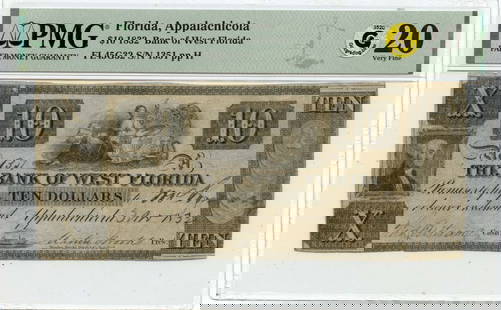 1832 $10 Bank of West Florida Note Appalachicola PMG VF20 FL45G32: 1832 $10 Bank of West Florida Note Appalachicola PMG VF20 FL45G32 This is an 1832 $10 Bank of West Florida note from Appalachicola, graded PMG VF20. The note is classified as an obsolete currency and