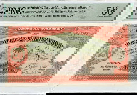 British West Africa 20 Shilling Note 1937-51 PMG AU58 Currency Board: British West Africa 20 Shilling Note 1937-51 PMG AU58 Currency Board This British West Africa 20/- shilling note, issued by the Currency Board, is dated between 1937 and 1951. It is certified by PMG w