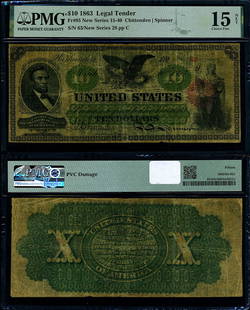 1863 $10 Legal Tender PMG Fine 15 NET Choice Note: 1863 $10 Legal Tender PMG Fine 15 NET Choice Note This 1863 $10 Legal Tender note is graded as Fine 15 NET by PMG, indicating its choice condition despite some PVC damage. The note is circulated and f
