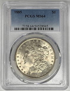 1885 Morgan Silver Dollar MS 64 Certified by PCGS: 1885 Morgan Silver Dollar MS 64 Certified by PCGS This 1885 Morgan Silver Dollar is a remarkable piece for collectors, featuring a grade of MS 64, indicating it is in uncirculated condition. The coin,
