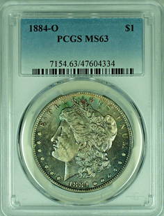 1884-O Morgan Silver Dollar PCGS MS 63 Toned Silver Coin: 1884-O Morgan Silver Dollar PCGS MS 63 Toned Silver Coin This stunning 1884-O Morgan Silver Dollar is a remarkable piece for any collection. Graded MS 63 by PCGS, this uncirculated coin showcases a be