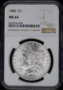 1886 NGC MS64 Morgan Dollar Uncirculated Coin Philadelphia Mint: 1886 NGC MS64 Morgan Dollar Uncirculated Coin Philadelphia Mint This 1886 Morgan Dollar, certified by NGC with a grade of MS64, showcases exceptional quality and detail. Struck at the Philadelphia Min