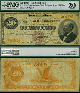 Rare 1882 $20 Gold Certificate Triple Signature PMG VF20: Rare 1882 $20 Gold Certificate Triple Signature PMG VF20 This is a rare 1882 $20 Gold Certificate, featuring triple signatures and graded as VF20 by PMG. It is a circulated note, showcasing historical