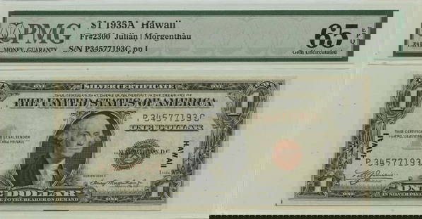 1935A $1 Hawaii WWII Emergency Note PMG MS65 EPQ: 1935A $1 Hawaii WWII Emergency Note PMG MS65 EPQ This is a 1935A $1 Hawaii WWII Emergency Issue note, graded MS65 by PMG with the designation EPQ. The note is uncirculated, showcasing exceptional qual