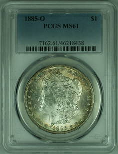 1885-O Morgan Silver Dollar PCGS MS-61 Uncirculated Silver Coin: 1885-O Morgan Silver Dollar PCGS MS-61 Uncirculated Silver Coin This 1885-O Morgan Silver Dollar is a stunning piece that showcases both historical significance and beauty. Graded MS-61 by PCGS, this