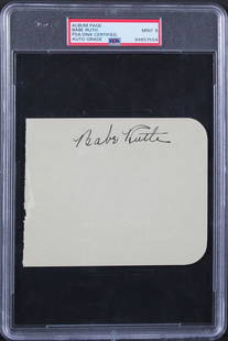 Babe Ruth Signed Album Page 4.5x5.25 PSA/DNA Mint 9 Yankees: Babe Ruth Signed Album Page 4.5x5.25 PSA/DNA Mint 9 Yankees This authentic autographed album page measures approximately 4.5 x 5.25 inches and features the legendary Babe Ruth, a key player for the Ne