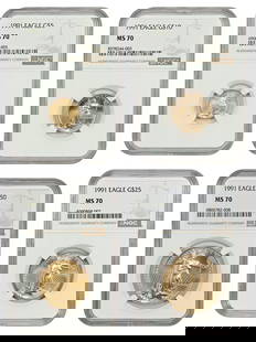 1991 NGC MS70 Gold Eagle Coin Lot $5 $10 $25 $50 Uncirculated: 1991 NGC MS70 Gold Eagle Coin Lot $5 $10 $25 $50 Uncirculated This lot features four uncirculated Gold Eagle coins from 1991, graded MS70 by NGC. Included are denominations of $5, $10, $25, and $50, w
