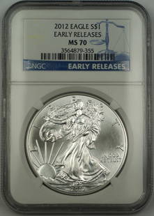 2012 American Silver Eagle Coin NGC MS-70 Perfect GEM 1 oz: 2012 American Silver Eagle Coin NGC MS-70 Perfect GEM 1 oz This 2012 Early Release American Silver Eagle Coin is a stunning example of American craftsmanship. Graded MS-70 by NGC, it is considered a P