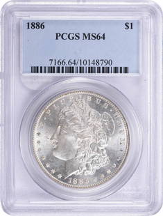 1886 Morgan Silver Dollar MS64 PCGS Uncirculated Coin: 1886 Morgan Silver Dollar MS64 PCGS Uncirculated Coin This 1886 Morgan Silver Dollar is a stunning piece that showcases the artistry of designer George T. Morgan. Graded MS64 by PCGS, it is an uncircu