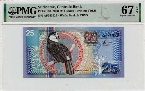 2000 Suriname 25 Gulden Banknote PMG 67 Uncirculated Quality: 2000 Suriname 25 Gulden Banknote PMG 67 Uncirculated Quality This uncirculated 25 Gulden banknote from Suriname, issued in 2000, showcases exceptional quality with a PMG certification grade of MS67. T