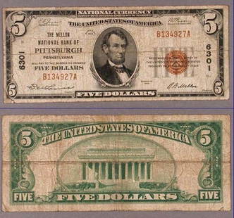 1929 T-1 $5 National Bank Note Mellon NB Pittsburgh PA: 1929 T-1 $5 National Bank Note Mellon NB Pittsburgh PA This $5 National Bank Note, issued in 1929 by Mellon National Bank in Pittsburgh, PA, showcases the historical significance of American currency.
