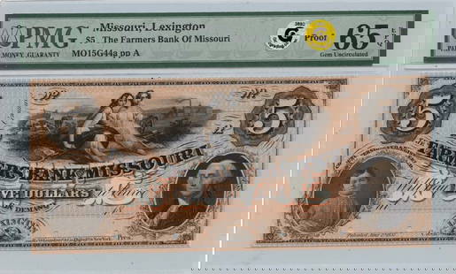 1850s $5 Missouri Lexington Proof Note PMG MS65 Haxby# OBSMO15G44a: 1850s $5 Missouri Lexington Proof Note PMG MS65 Haxby# OBSMO15G44a This remarkable 1850s $5 Missouri Lexington Proof Haxby# OBSMO15G44a is certified by PMG with a grade of MS65, indicating its excepti