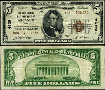 1929 T-2 $5 National Bank Note First Farmers NB Arcanum Ohio: 1929 T-2 $5 National Bank Note First Farmers NB Arcanum Ohio This is a 1929 T-2 $5 National Bank Note from the First Farmers National Bank in Arcanum, Ohio. The note is in Very Fine (VF) condition and
