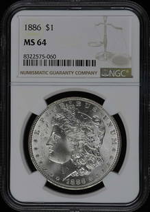 1886 Morgan Dollar NGC MS64 Uncirculated Philadelphia Coin: 1886 Morgan Dollar NGC MS64 Uncirculated Philadelphia Coin This 1886 Morgan Dollar, certified by NGC with the certification number 8322575060, boasts a high grade of MS64, indicating its uncirculated