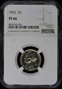 1952 Jefferson Nickel Proof NGC PR66 Philadelphia Mint: 1952 Jefferson Nickel Proof NGC PR66 Philadelphia Mint This 1952 Jefferson Nickel is certified by NGC with a grade of PR66, indicating its uncirculated and proof strike status. Minted in Philadelphia,