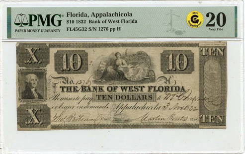 1832 $10 Bank of West Florida Appalachicola Haxby OBSFL45G32 PMG VF20 Obsolete Currency: 1832 $10 Bank of West Florida Appalachicola Haxby OBSFL45G32 PMG VF20 Obsolete Currency This is an 1832 $10 Bank of West Florida note from Appalachicola, designated as Haxby# OBSFL45G32. It has been c