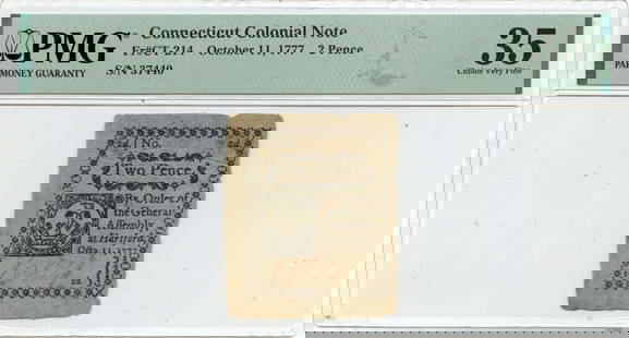 1777 2 Pence Connecticut Colonial Note CT-214 PMG VF35 Certified: 1777 2 Pence Connecticut Colonial Note CT-214 PMG VF35 Certified This 1777 October 11 2 Pence Connecticut Colonial Note (Type: CT-214) is a remarkable piece of history. It has been certified by PMG wi