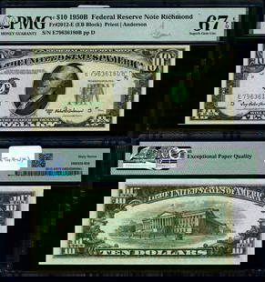 1950-B $10 Federal Reserve Note Richmond E-A Block PMG CU67 EPQ: 1950-B $10 Federal Reserve Note Richmond E-A Block PMG CU67 EPQ This uncirculated $10 Federal Reserve Note from the Richmond district, series 1950-B, is graded CU67 EPQ by PMG, indicating it is a Supe