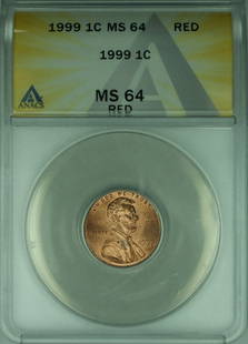 1999 Lincoln Memorial Cent 1c ANACS MS64 Red Wide AM Variety: 1999 Lincoln Memorial Cent 1c ANACS MS64 Red Wide AM Variety This 1999 Lincoln Memorial Cent features the Wide AM variety, showcasing a stunning red color (RD) with a high grade of MS 64, certified by