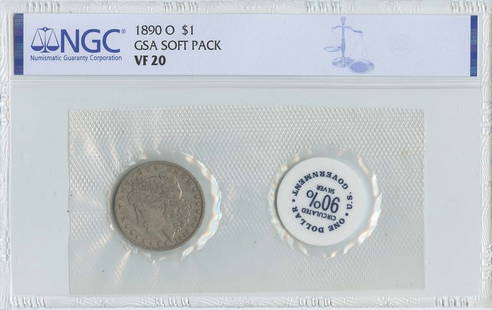 1890-O NGC VF20 Morgan Dollar GSA Soft Pack New Orleans: 1890-O NGC VF20 Morgan Dollar GSA Soft Pack New Orleans This 1890-O Morgan Dollar is certified by NGC with a grade of VF20, indicating it is in very fine condition. Minted in New Orleans, this coin sh