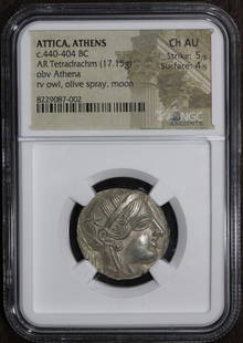 Ancient Athens Silver Tetradrachm 404 BC Owl NGC Choice AU: Ancient Athens Silver Tetradrachm 404 BC Owl NGC Choice AU This stunning ancient silver tetradrachm, minted in Athens around 404 BC, features the iconic owl, a symbol of wisdom and protector of the ci
