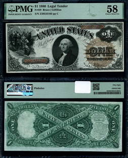1880 $1 Legal Tender Note PMG AU58 Choice Certified: 1880 $1 Legal Tender Note PMG AU58 Choice Certified This $1 Legal Tender note from 1880 is graded as AU58 Choice by PMG, indicating its excellent condition with some signs of circulation. It is a nota
