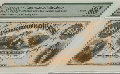 1850s-60s $10 Philadelphia Proof Obsolete Note PMG 66GEM Haxby OBSPA415G10: 1850s-60s $10 Philadelphia Proof Obsolete Note PMG 66GEM Haxby OBSPA415G10 This 1850s-60s $10 Philadelphia PA Proof Obsolete Banknote is certified by PMG with a grade of MS66 and is classified as Unci