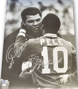 Muhammad Ali Pele Signed 16x20 Photo Beckett Authenticated: Muhammad Ali Pele Signed 16x20 Photo Beckett Authenticated This stunning 16" x 20" photo features the legendary Muhammad Ali and Pele sharing a memorable embrace, capturing a moment between two icons