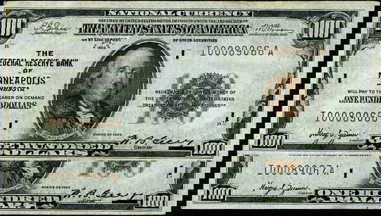 1929 $100 Federal Reserve Note Minneapolis CU Uncirculated 2pc: 1929 $100 Federal Reserve Note Minneapolis CU Uncirculated 2pc This is a $100 Federal Reserve Bank Note from the Minneapolis branch, issued in 1929. Graded as Uncirculated (CU), this note is a remarka
