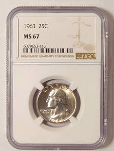 1963 P Washington Quarter NGC MS 67 Silver Uncirculated: 1963 P Washington Quarter NGC MS 67 Silver Uncirculated This 1963 P Washington Quarter is certified by NGC with an impressive grade of MS 67, indicating its uncirculated condition. Minted in Philadelp
