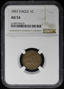 1857 Flying Eagle Cent NGC AU53 Philadelphia Mint Coin: 1857 Flying Eagle Cent NGC AU53 Philadelphia Mint Coin This 1857 Flying Eagle Cent is a remarkable piece of numismatic history, certified by NGC with a grade of AU53. Minted in Philadelphia, this coin