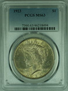 1923 Peace Silver Dollar MS-63 PCGS Uncirculated Coin: 1923 Peace Silver Dollar MS-63 PCGS Uncirculated Coin This stunning 1923 Peace Silver Dollar, graded as MS-63 by PCGS, showcases the remarkable beauty and craftsmanship of the era. The coin is uncircu